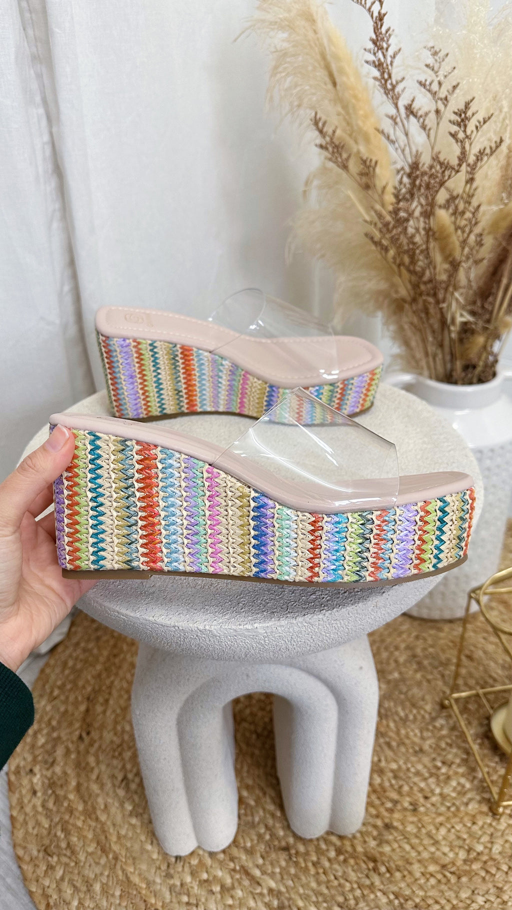 Clear Strap Platform Espadrille Wedges - LIGHT MULTI