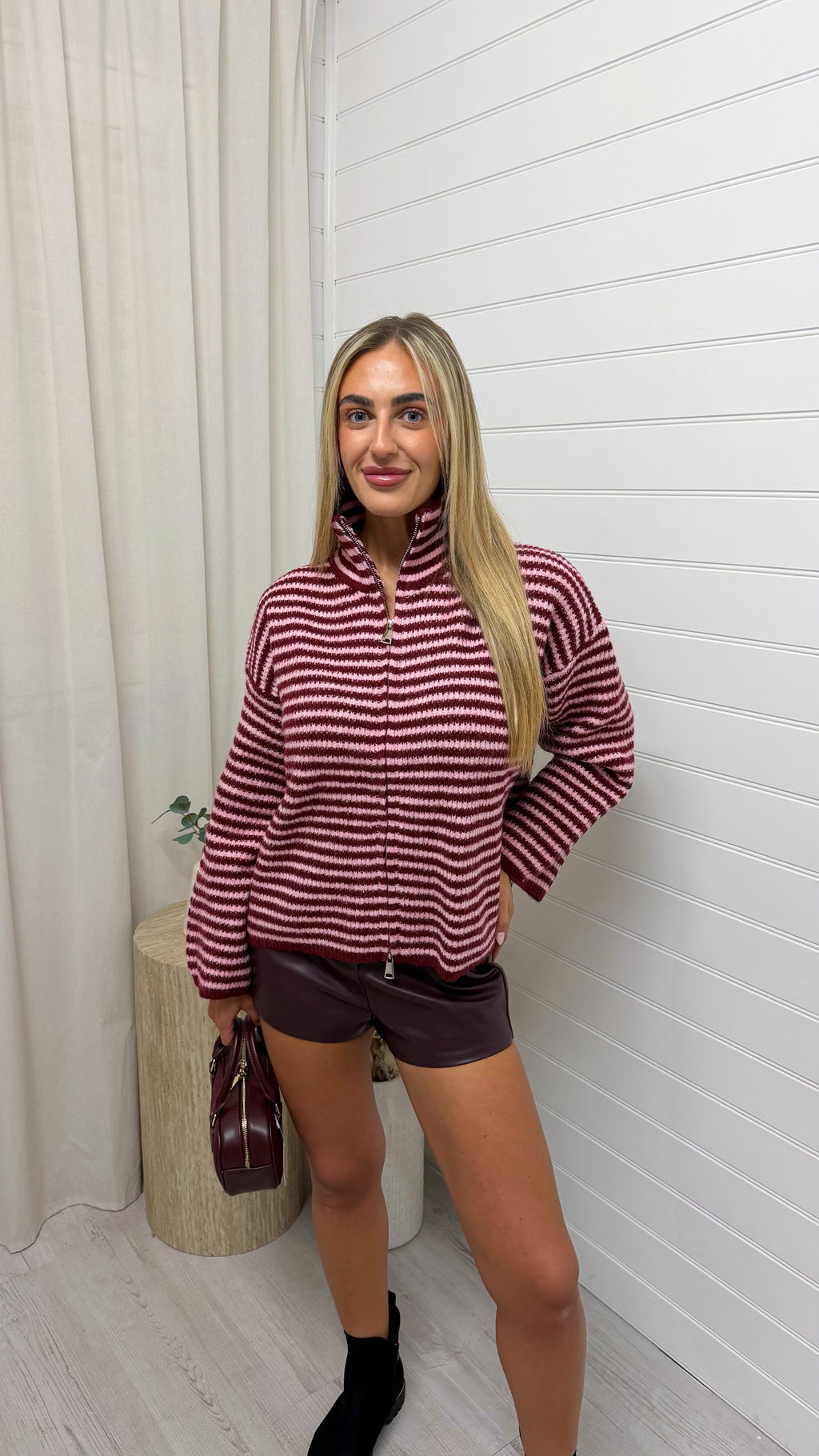 Double Zip Knitted Stripe Jacket - PINK/BURGUNDY