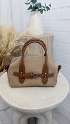 Textured Canvas Belt-Detail Handbag - BEIGE