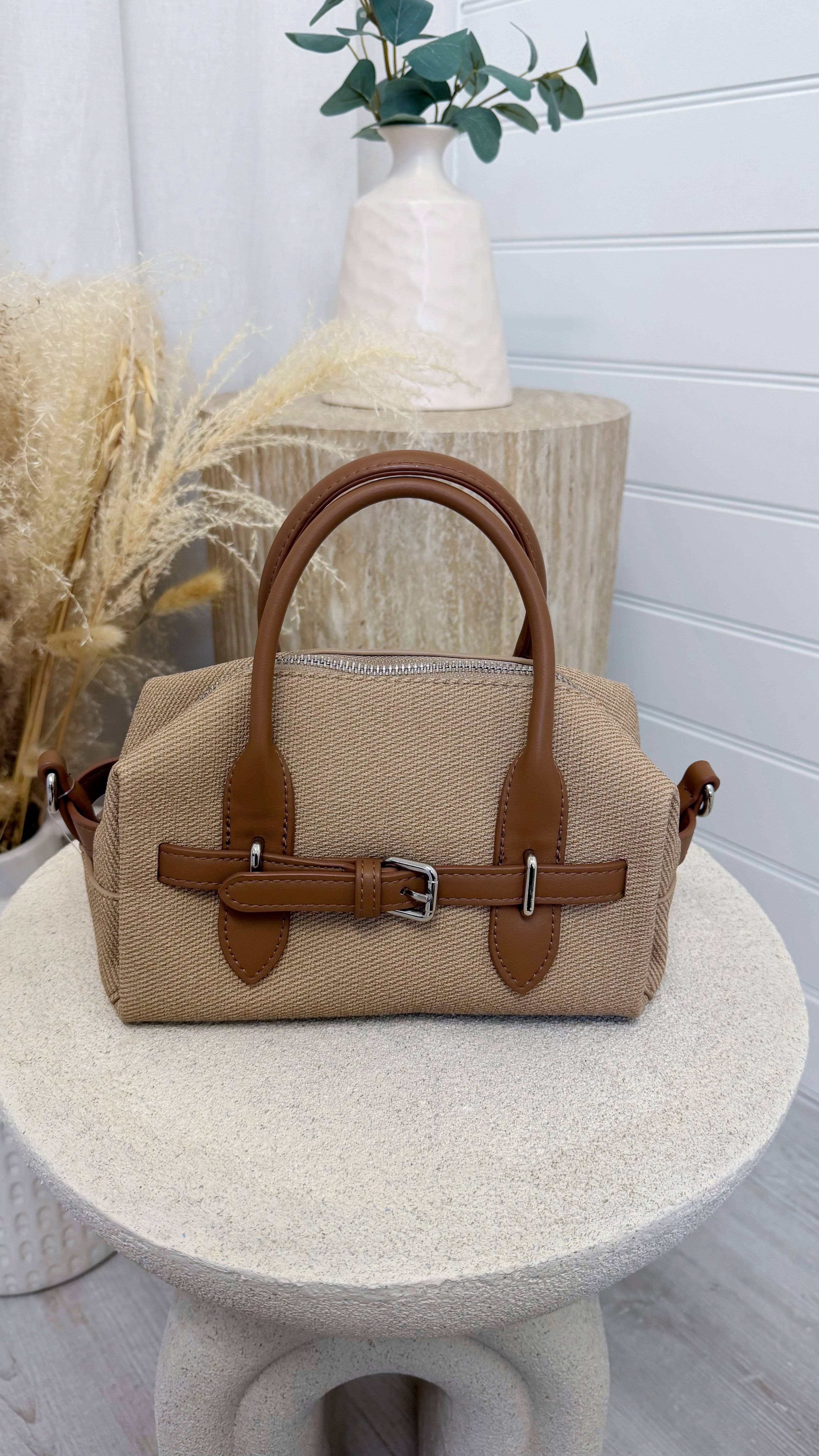 Textured Canvas Belt-Detail Handbag - BEIGE