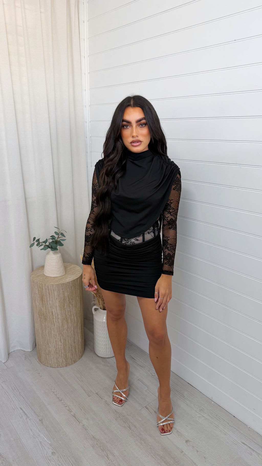 Lace Insert Top and Corset Ruched Skirt Co-Ord - BLACK
