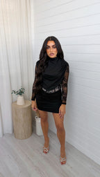 Lace Insert Top and Corset Ruched Skirt Co-Ord - BLACK