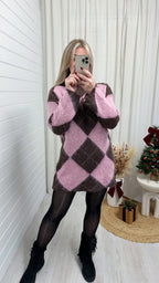 Argyle Woollen Jumper Dress - PINK/BROWN