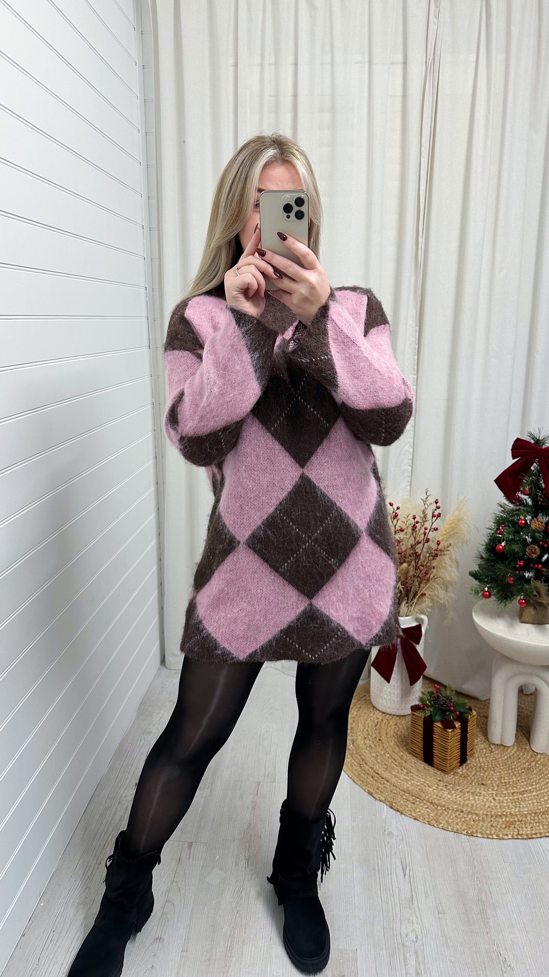 Argyle Woollen Jumper Dress - PINK/BROWN