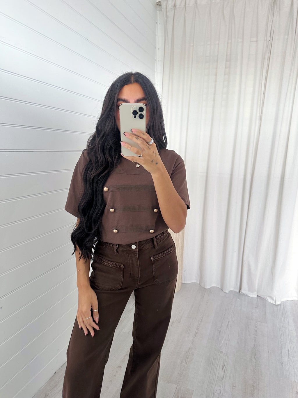 Button Front T-Shirt - BROWN