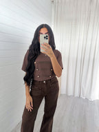 Button Front T-Shirt - BROWN