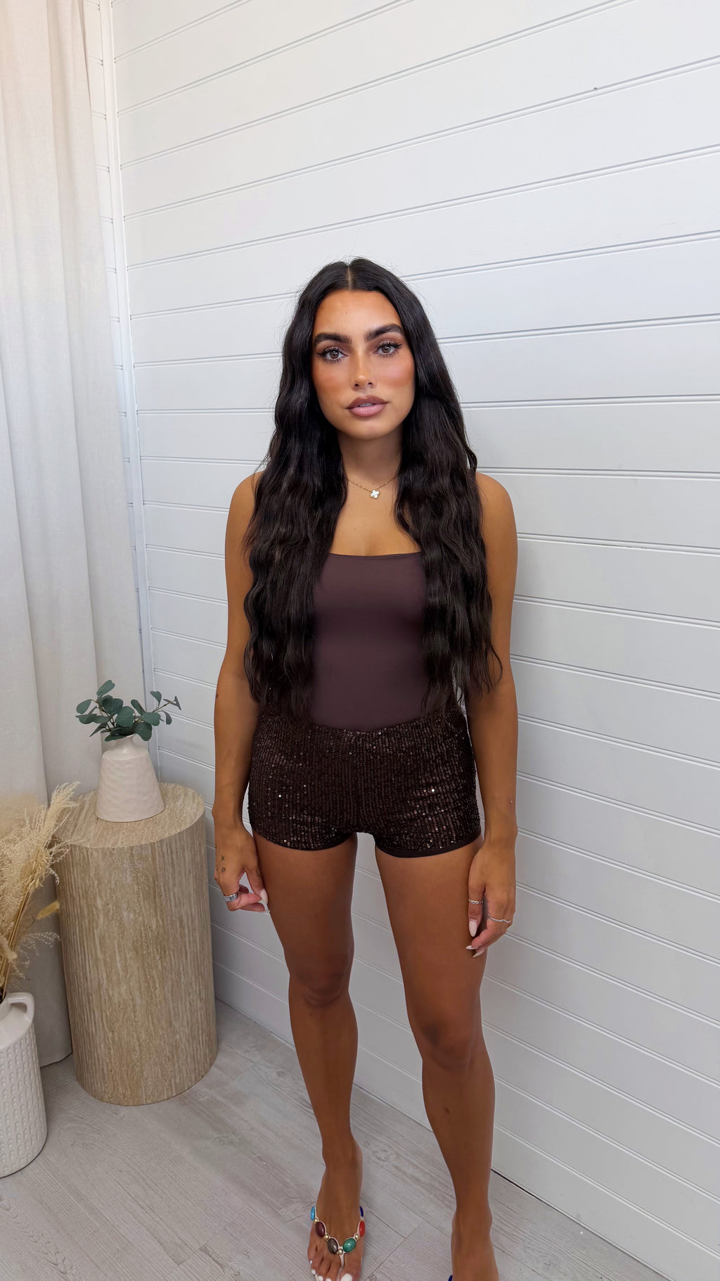 Sequin Stretchy Mini Shorts - BROWN
