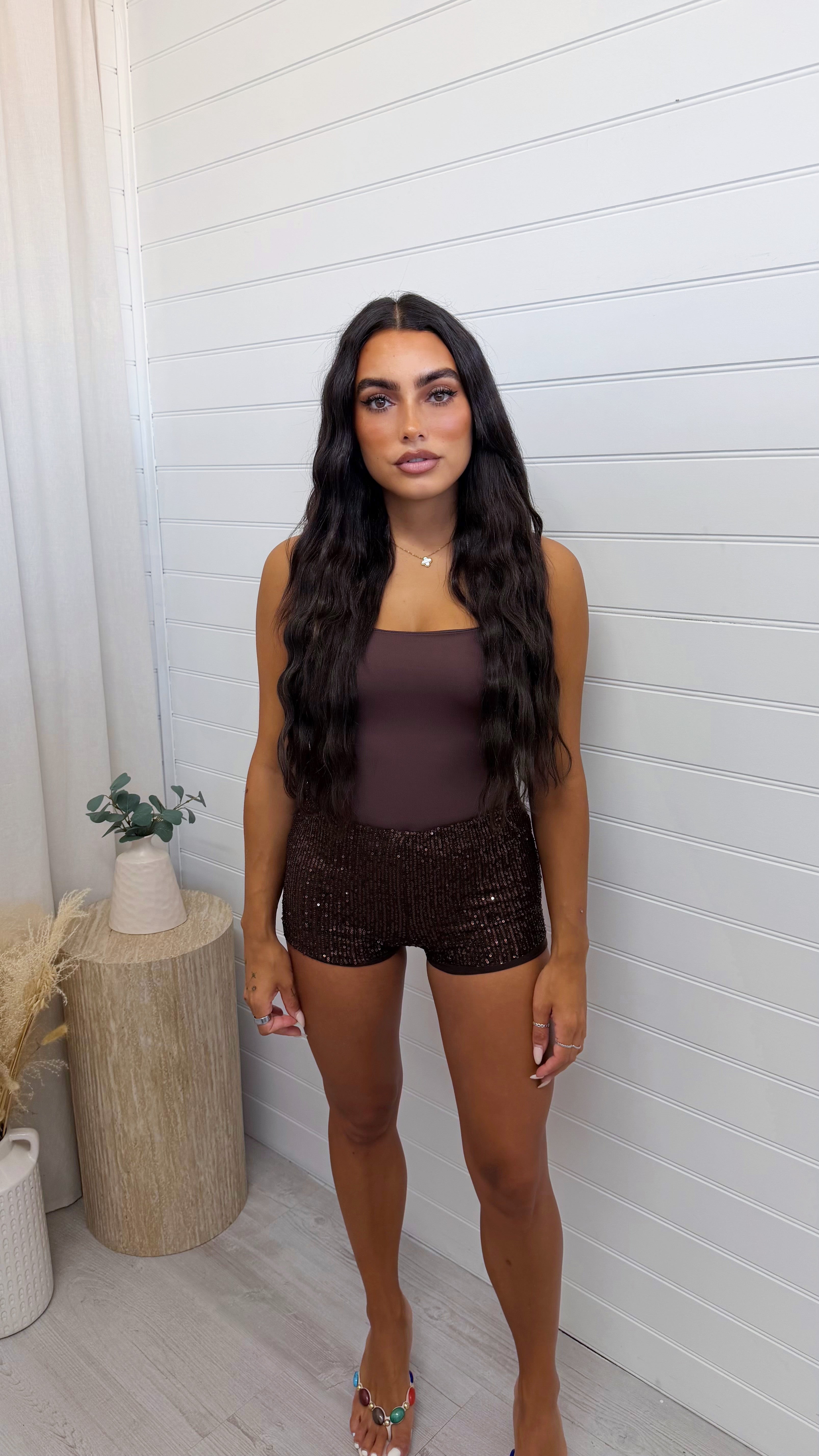 Sequin Stretchy Mini Shorts - BROWN
