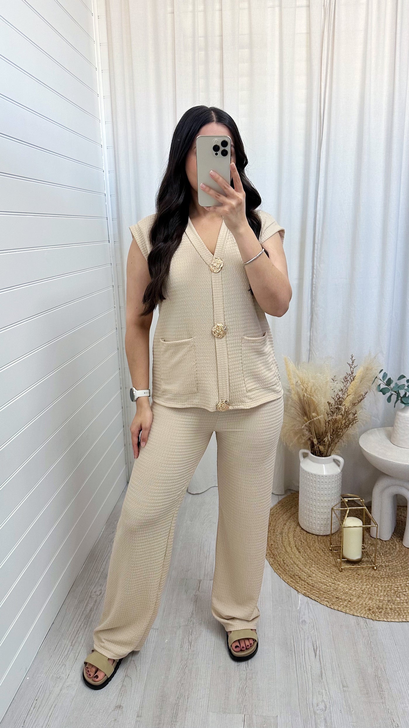 Gold Button Cheesecloth Waistcoat and Trousers Co-Ord - LIGHT BEIGE