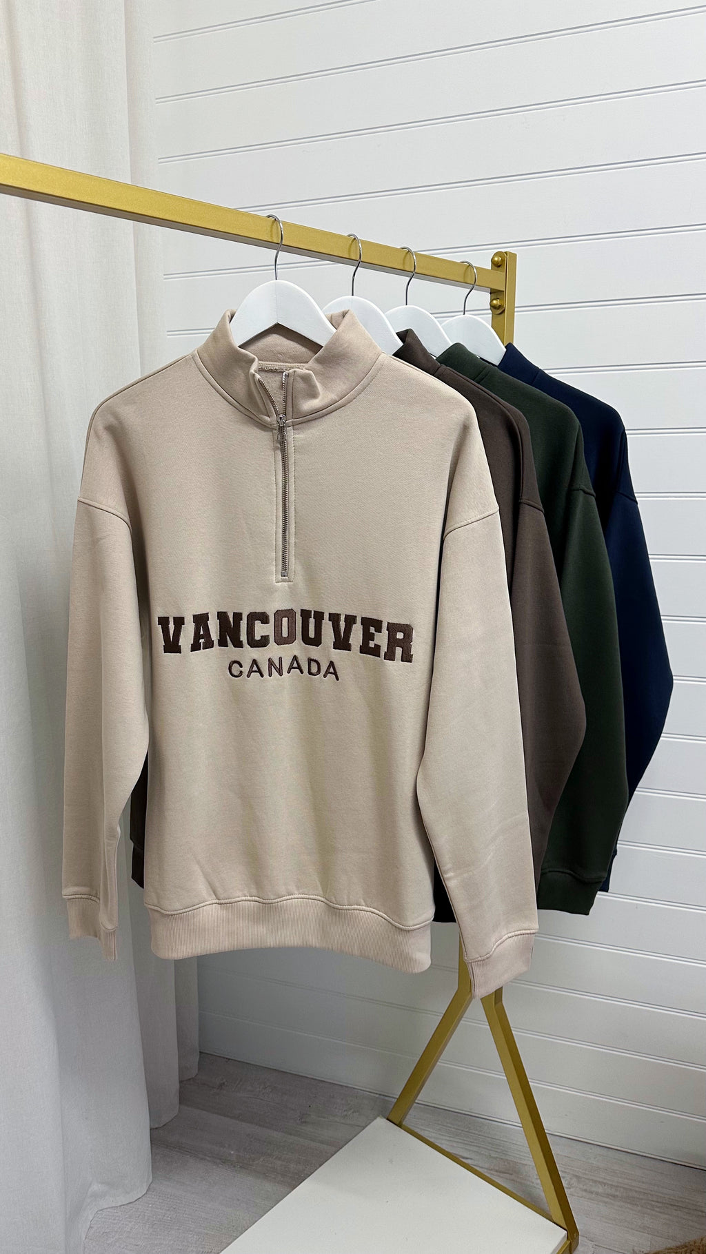 Vancouver Embroidered Half Zip Sweatshirt - BEIGE