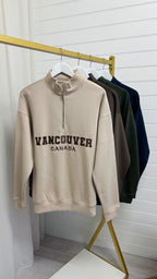 Vancouver Embroidered Half Zip Sweatshirt - BEIGE