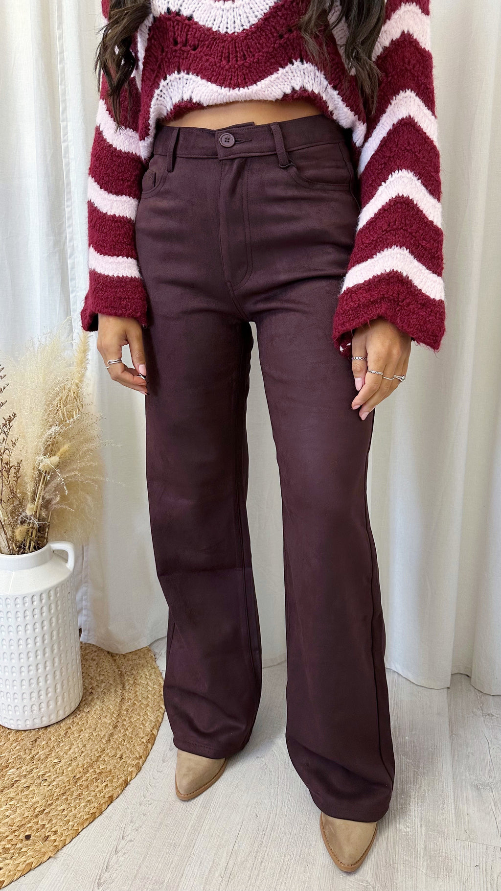 Suede Straight Leg High Waisted Jeans - WINE