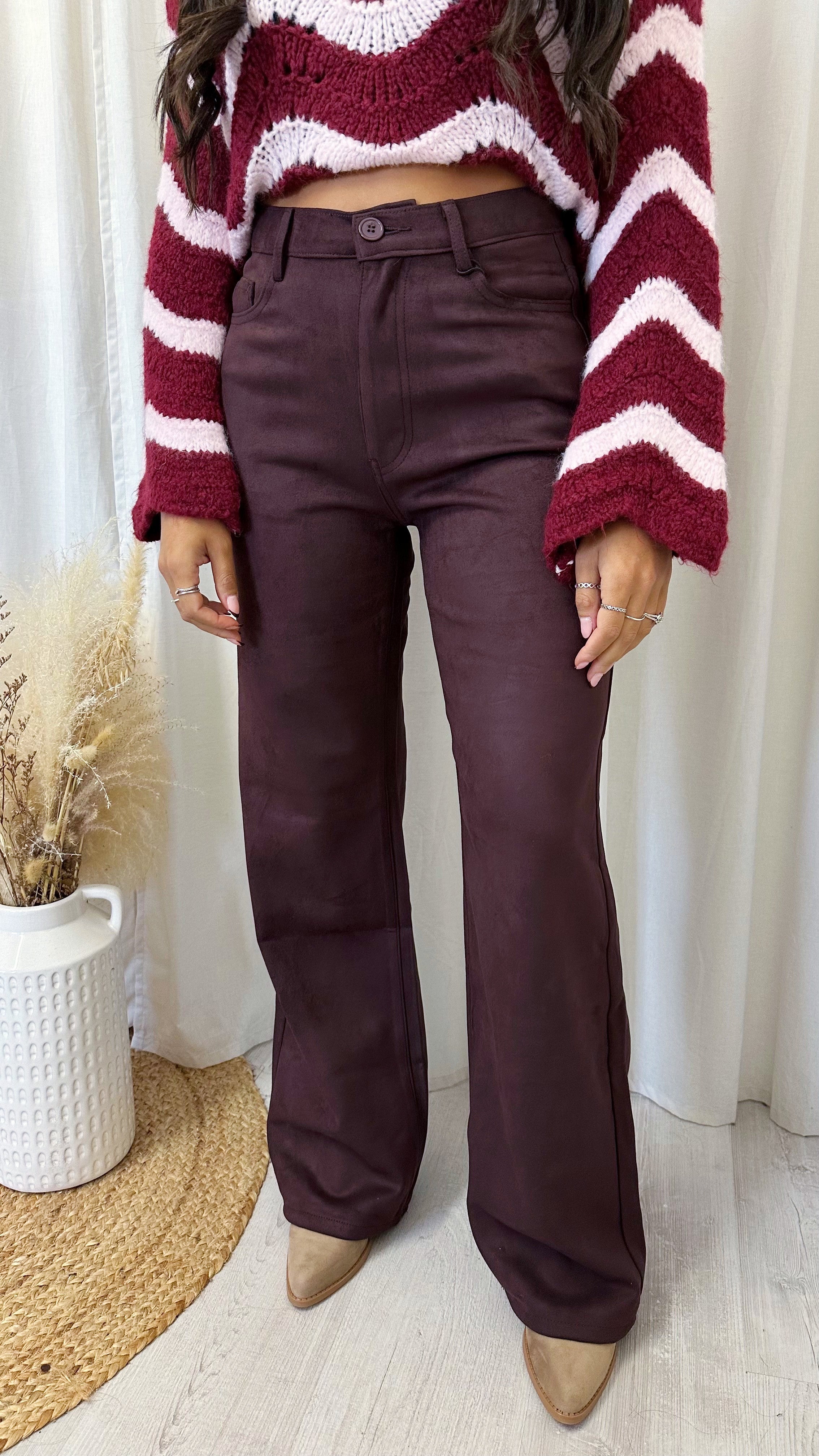 Suede Straight Leg High Waisted Jeans - WINE