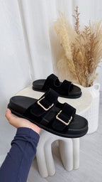 Gold Buckle Double Strap Suede Sliders - BLACK