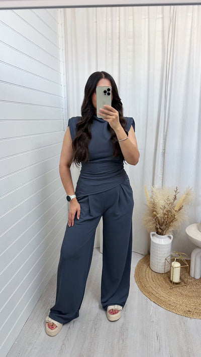 Asymmetrical Top and Wide Leg Trousers Co-Ord - CHARCOAL
