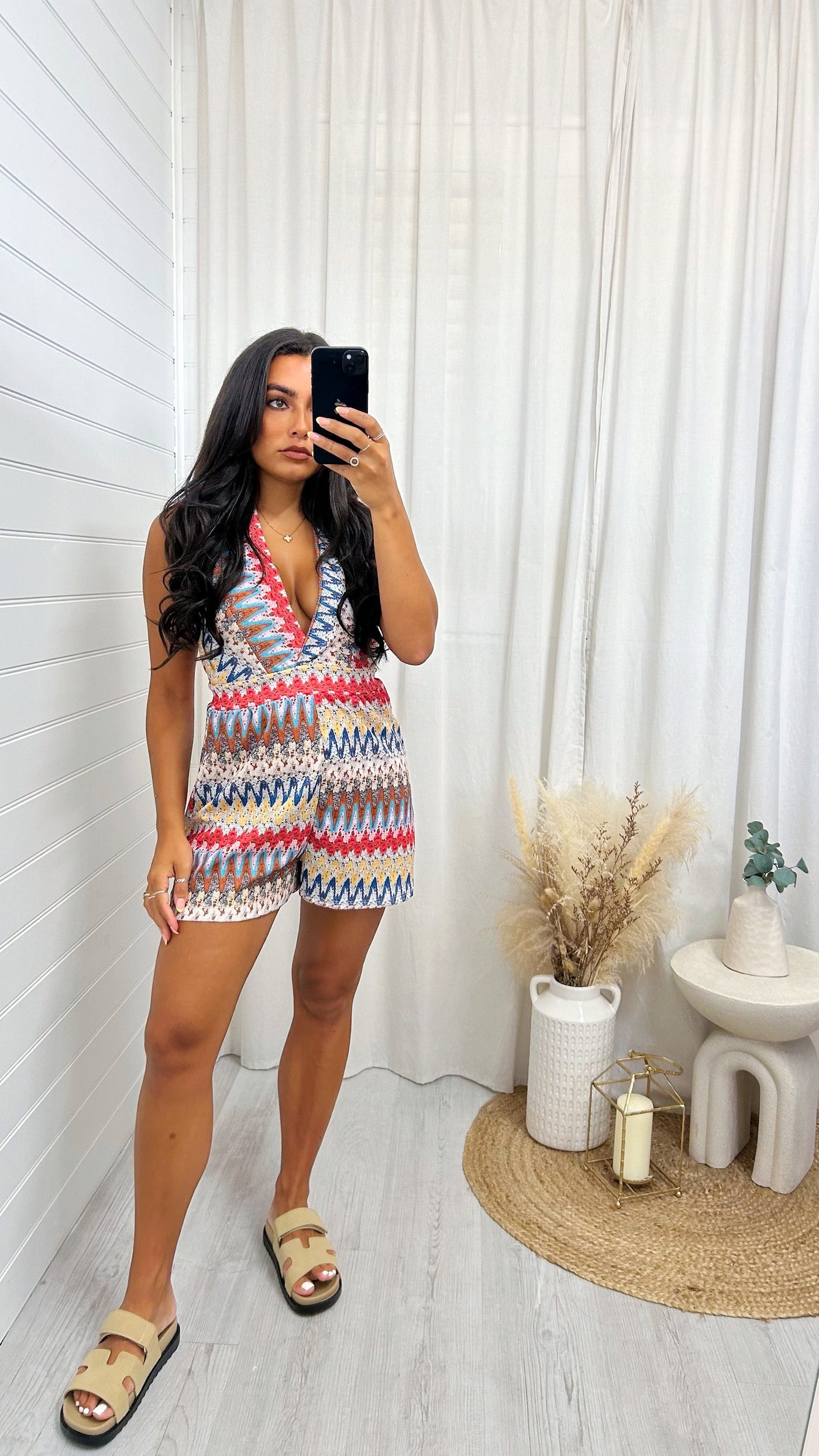 Aztec Halter Neck Playsuit - RED/BROWN