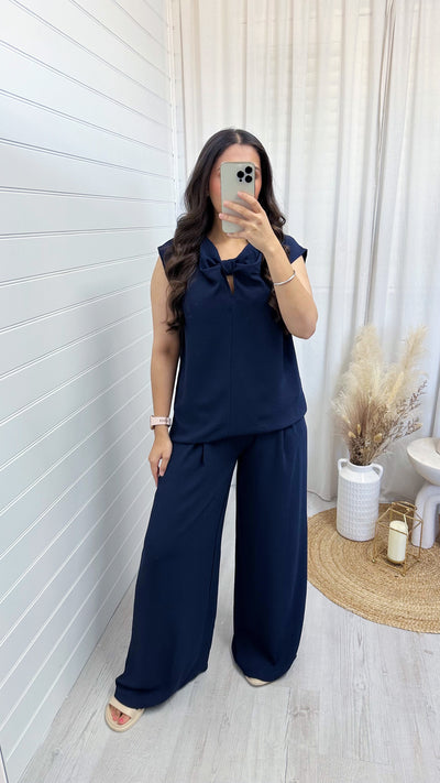 Sleeveless Bow Top and Wide Leg Trousers Co-Ord - NAVY