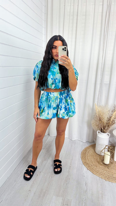 Tie Dye Puff Ball Top and Skort Co-Ord - TEAL