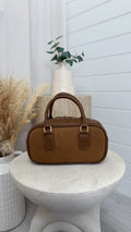 Suede Oval Top Handle Bag - TAN