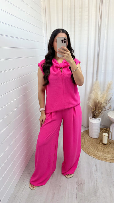 Sleeveless Bow Top and Wide Leg Trousers Co-Ord - PINK