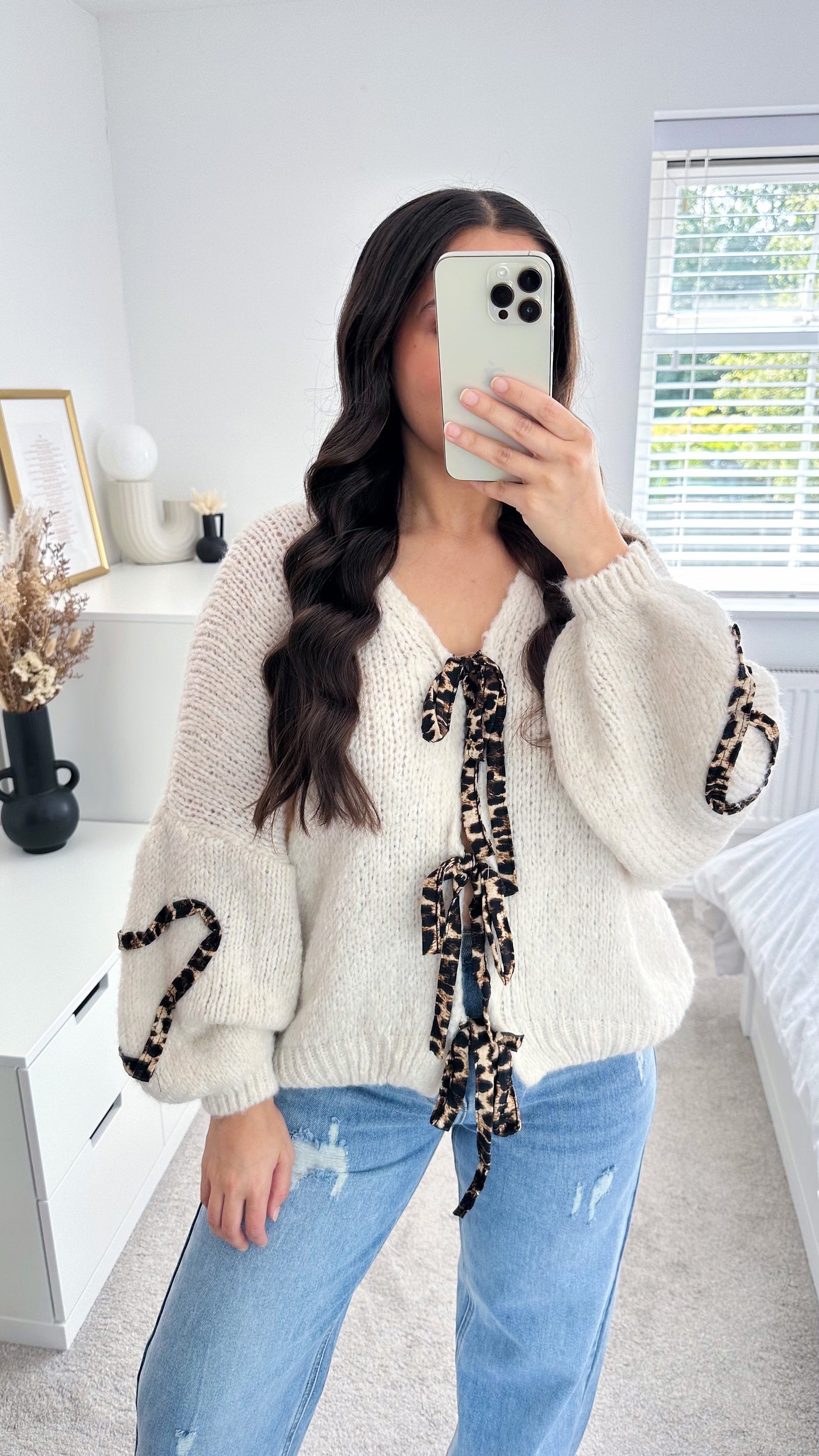 Leopard Bow Tie Cardigan - LIGHT BEIGE