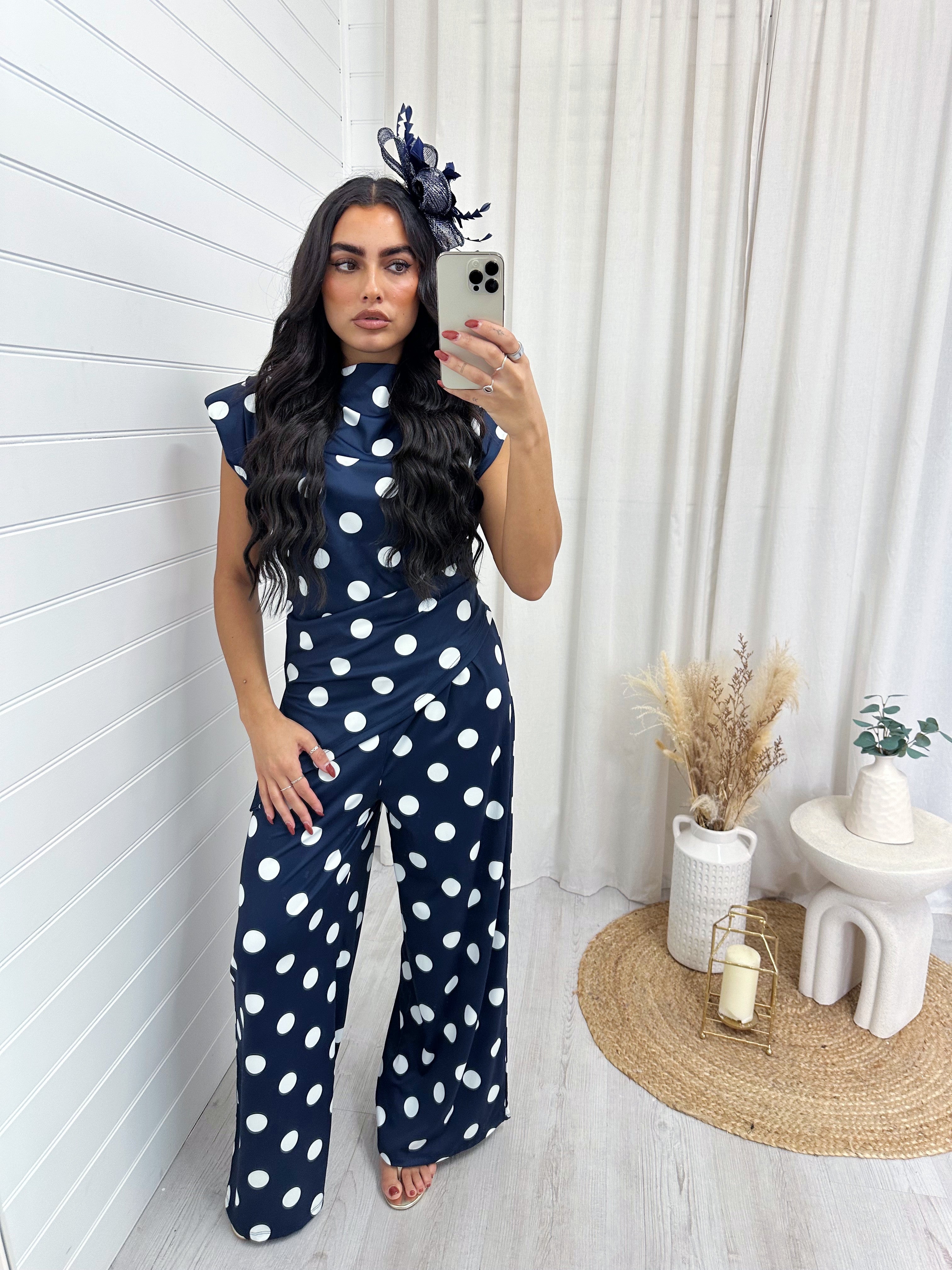 Asymmetric Polka Dot Ruched Top and Trousers Co-Ord - NAVY