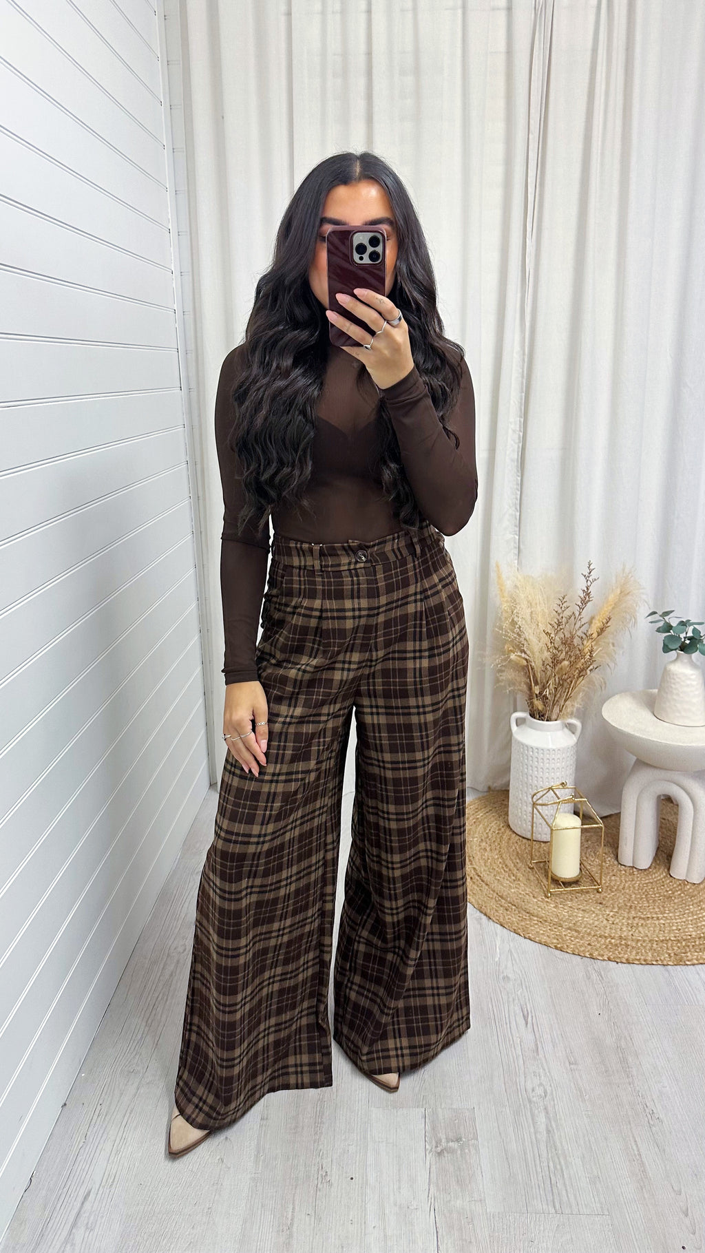 Wide Leg Checked Flannel Trousers - BROWN
