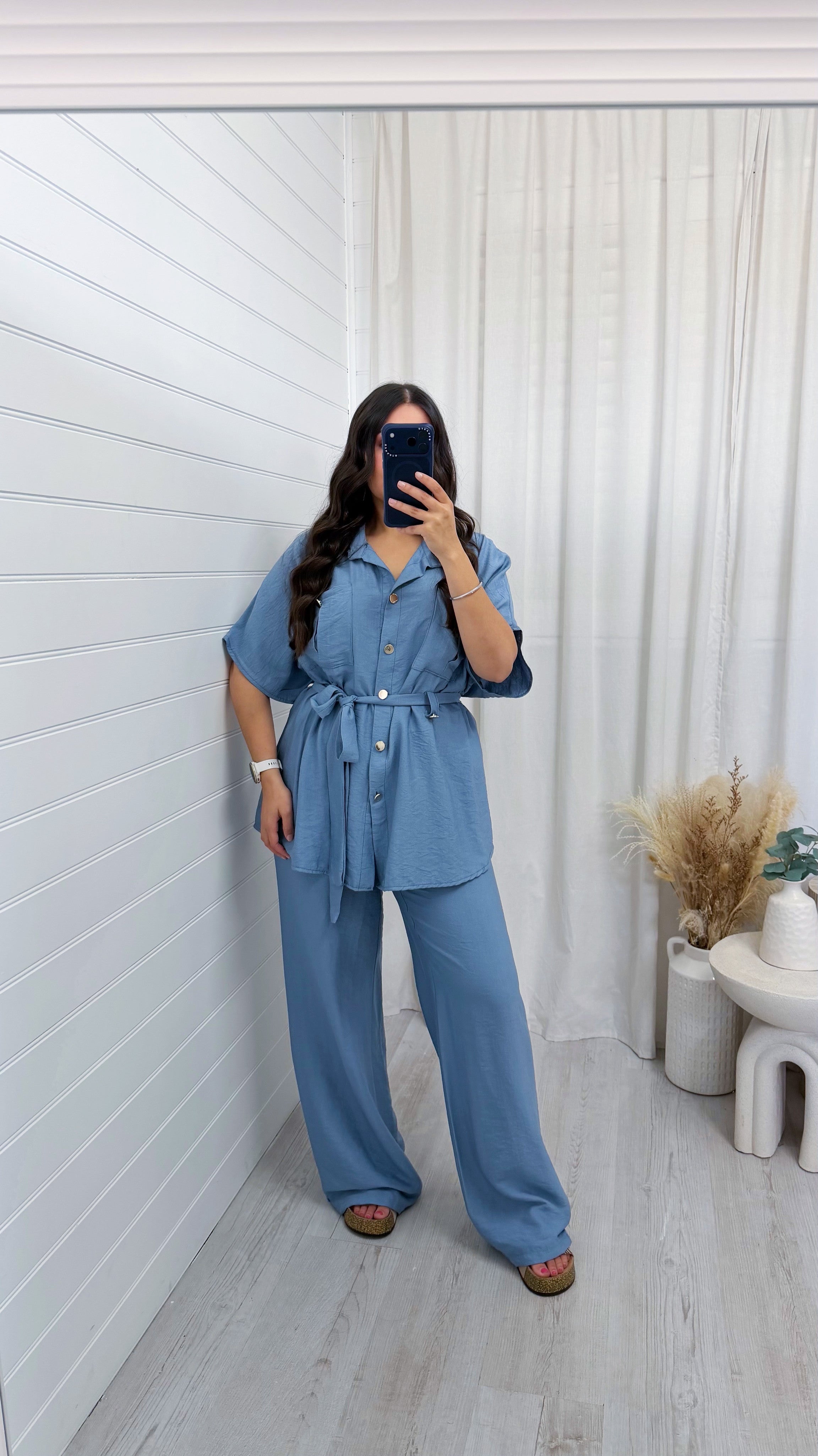 Gold Button Belted Shirt and Trousers Co-Ord - DENIM BLUE
