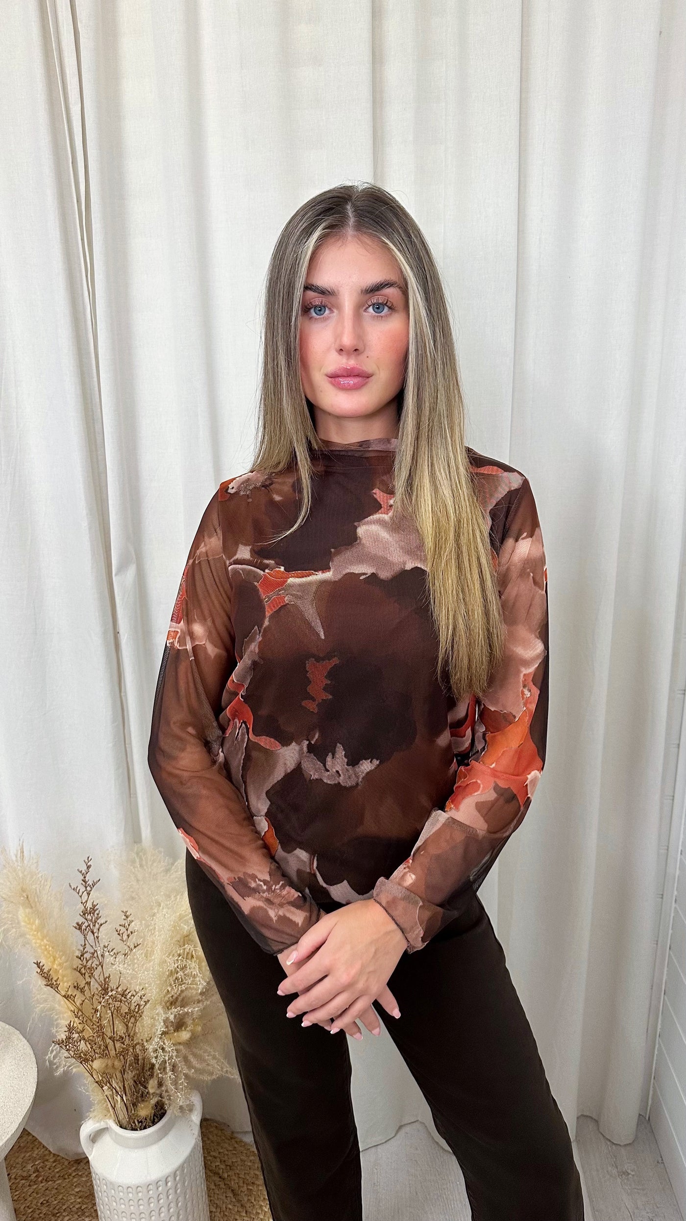 Long Sleeve Gathered Mesh Top - BROWN/ORANGE