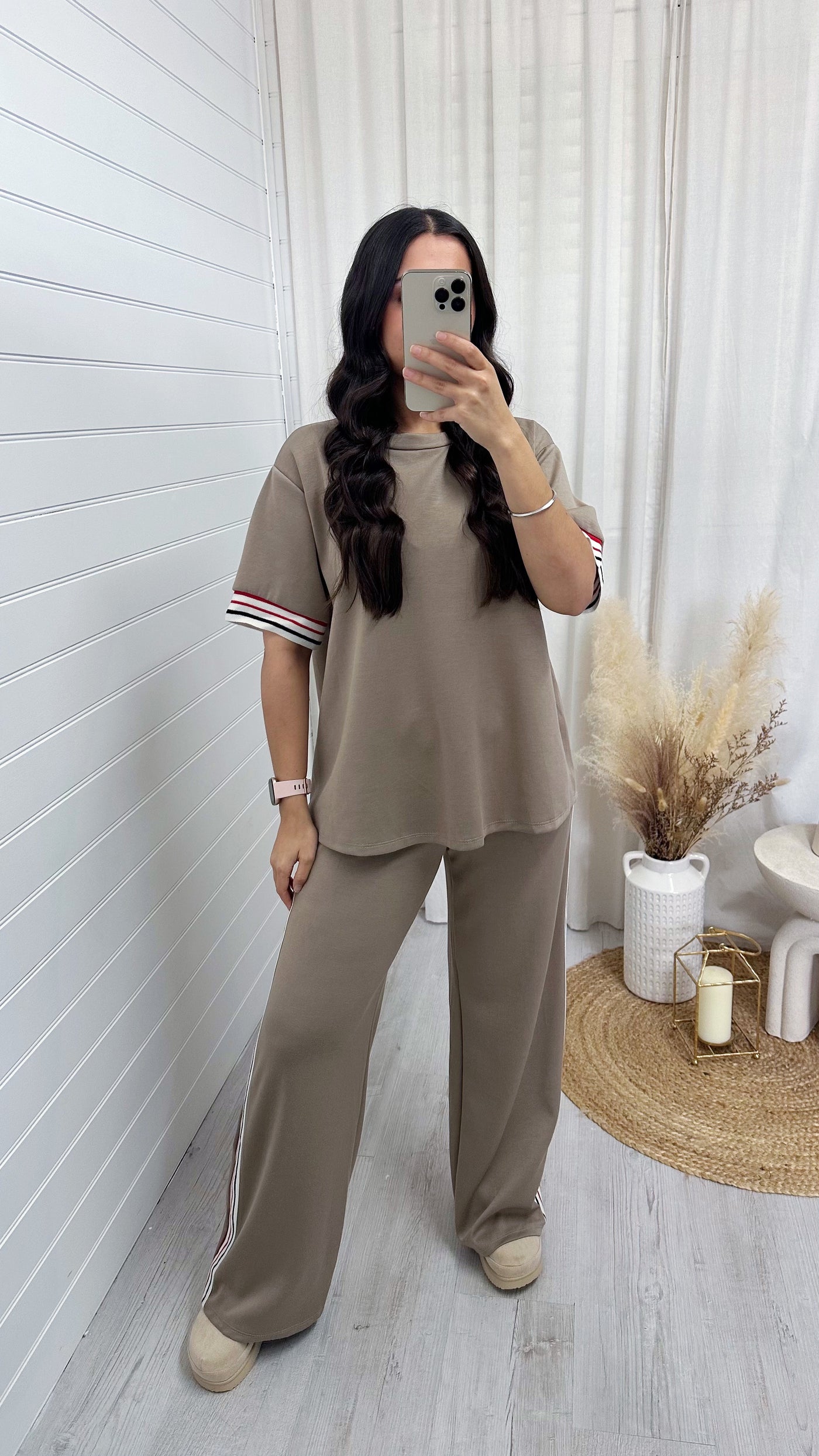 Side Stripe Plain T-Shirt and Joggers Co-Ord - MOCHA