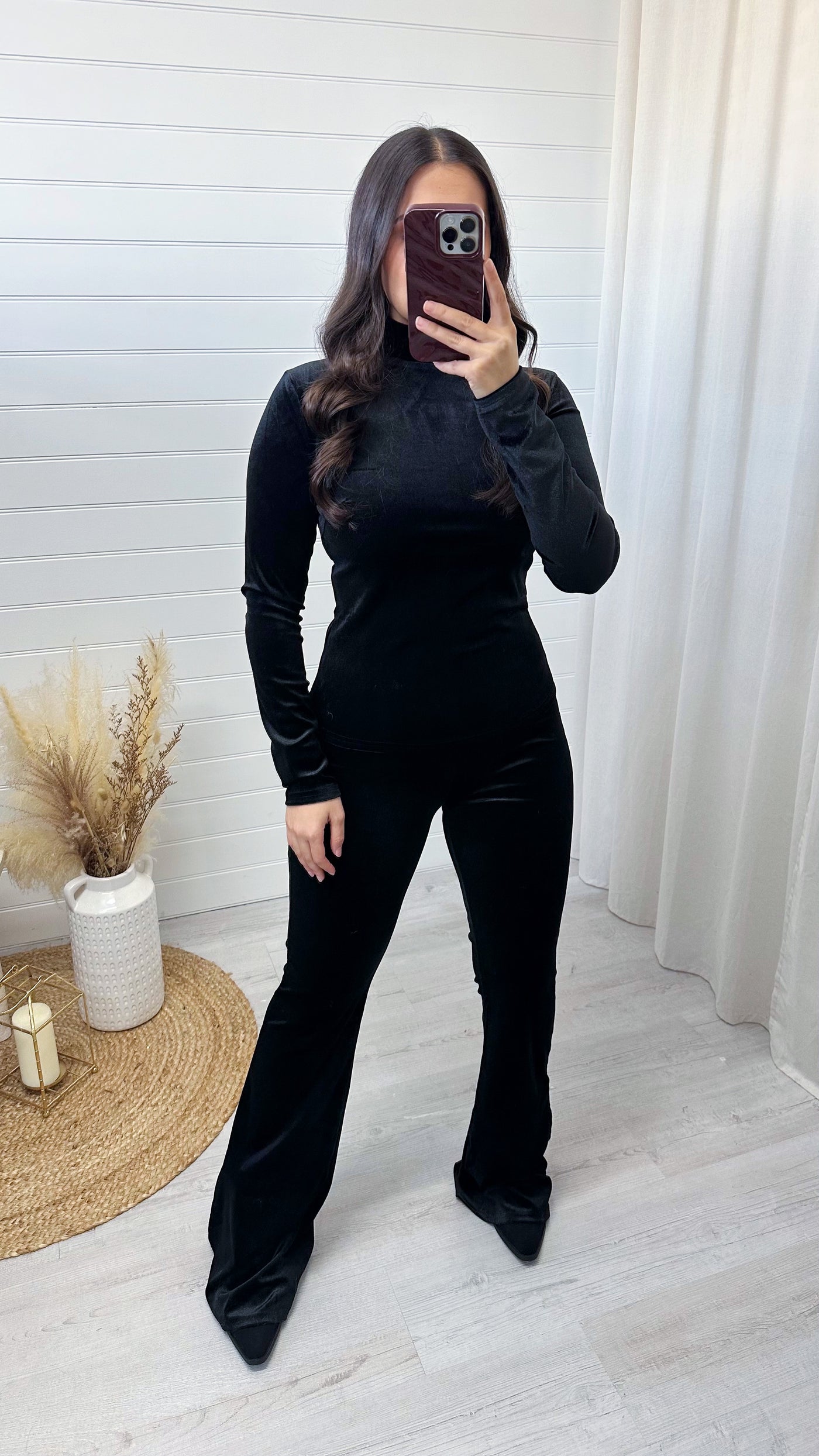 High Waisted Slim Fit Velvet Trousers - BLACK