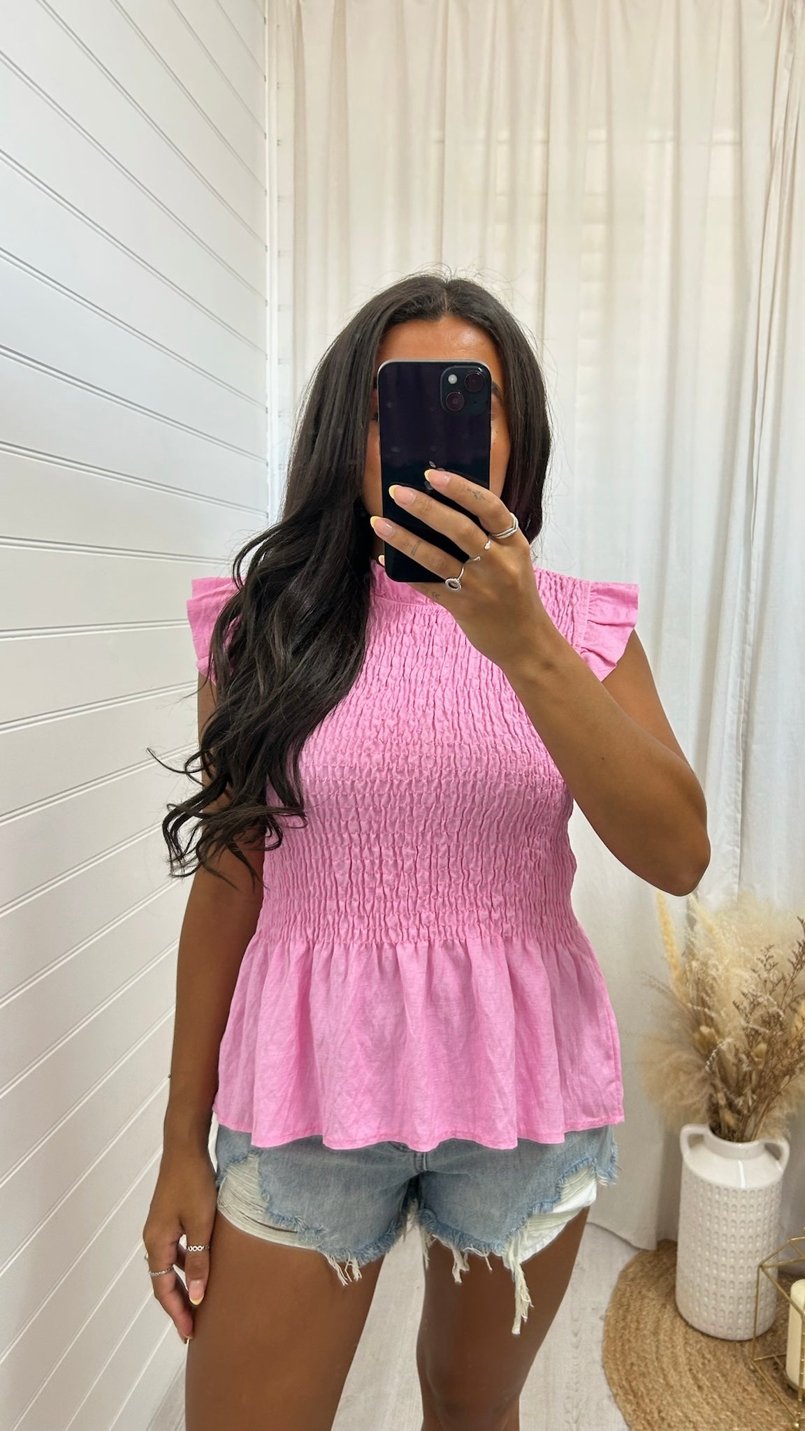Shirred Peplum Vest Top - PINK
