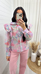 Frill Shoulder Sheer Floral Shirt - PINK/GREEN