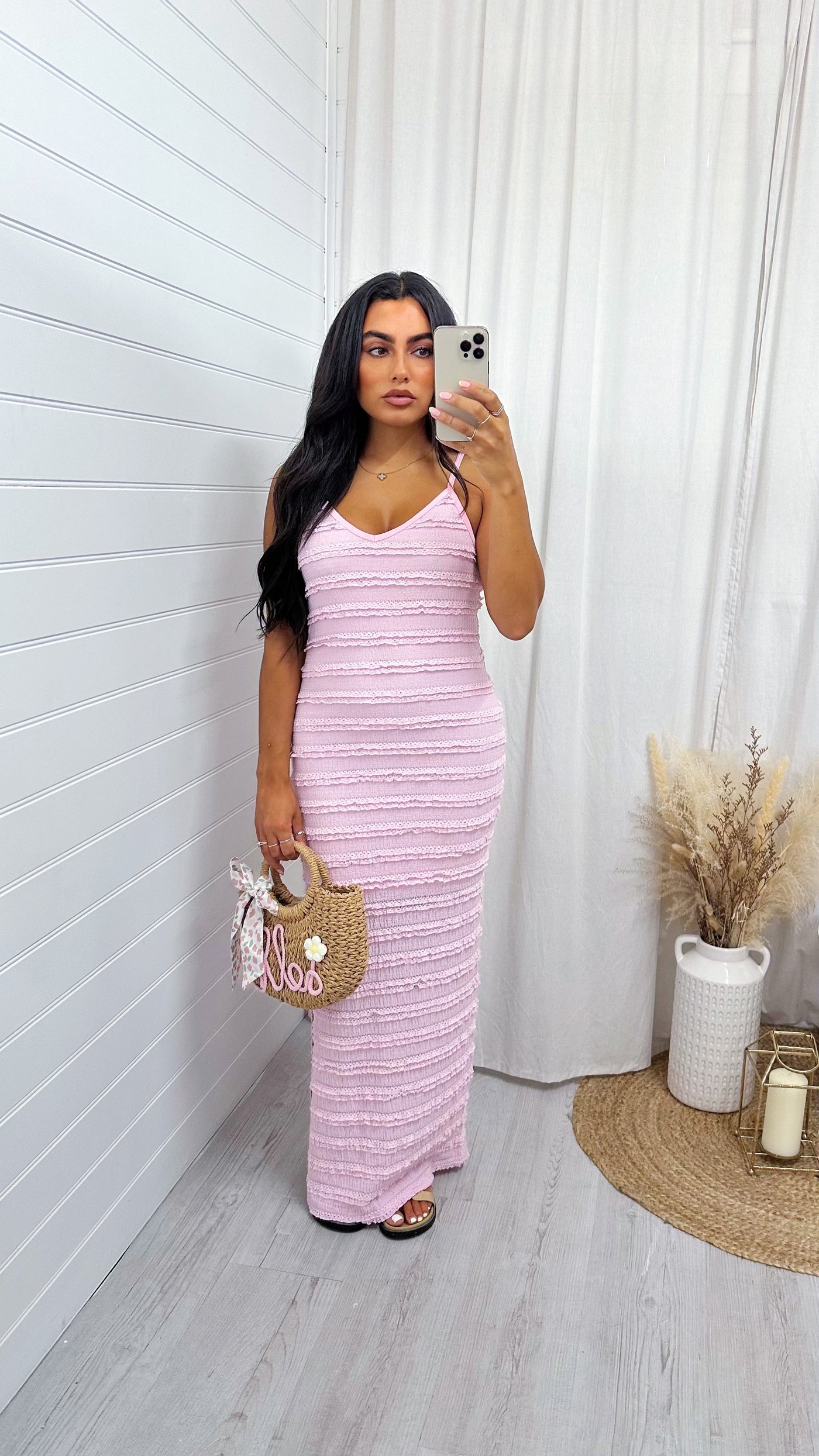 Textured Frill Strappy V Neck Maxi Dress - BABY PINK