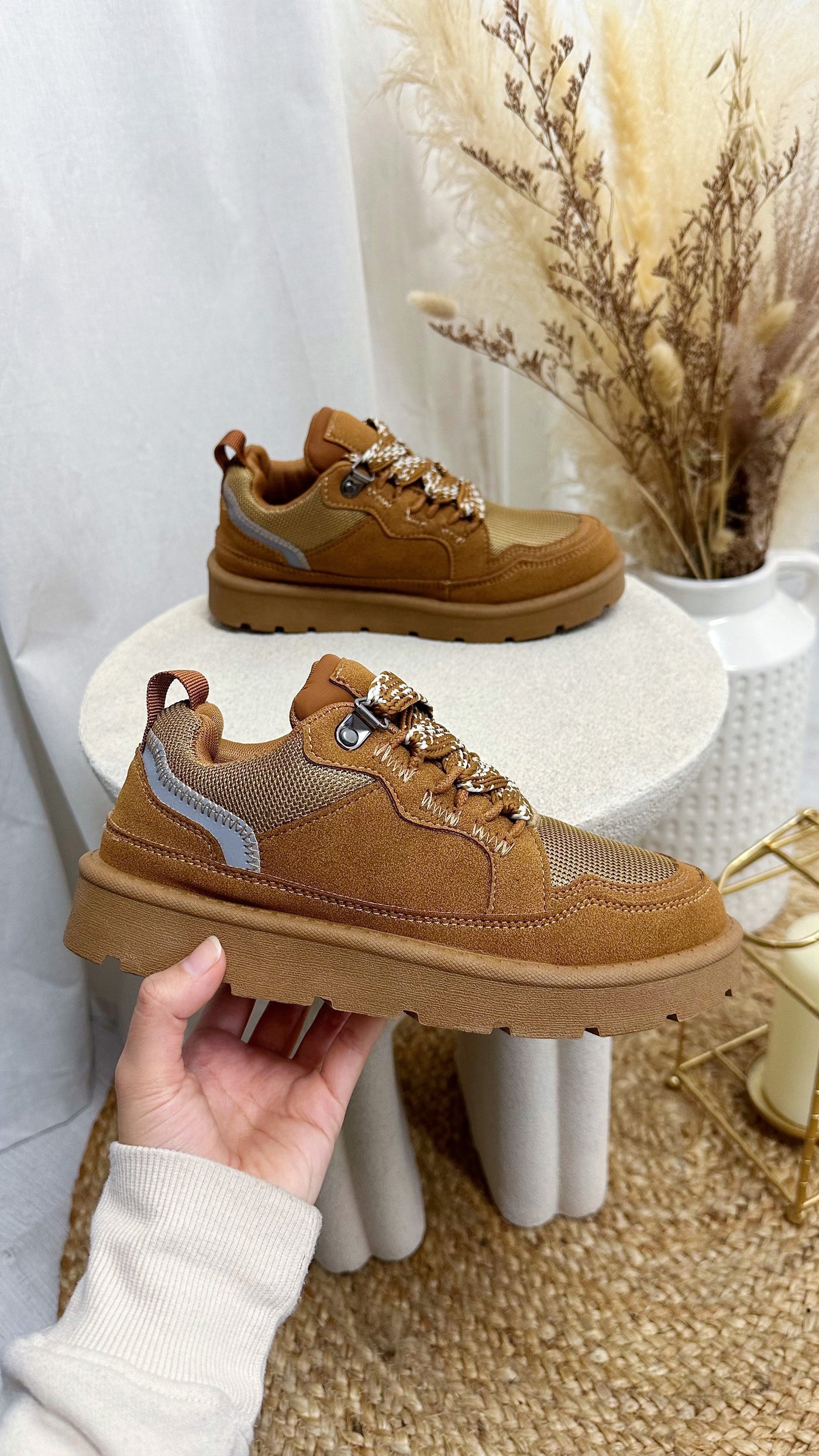 Chunky Lace Suede Sneakers - CAMEL