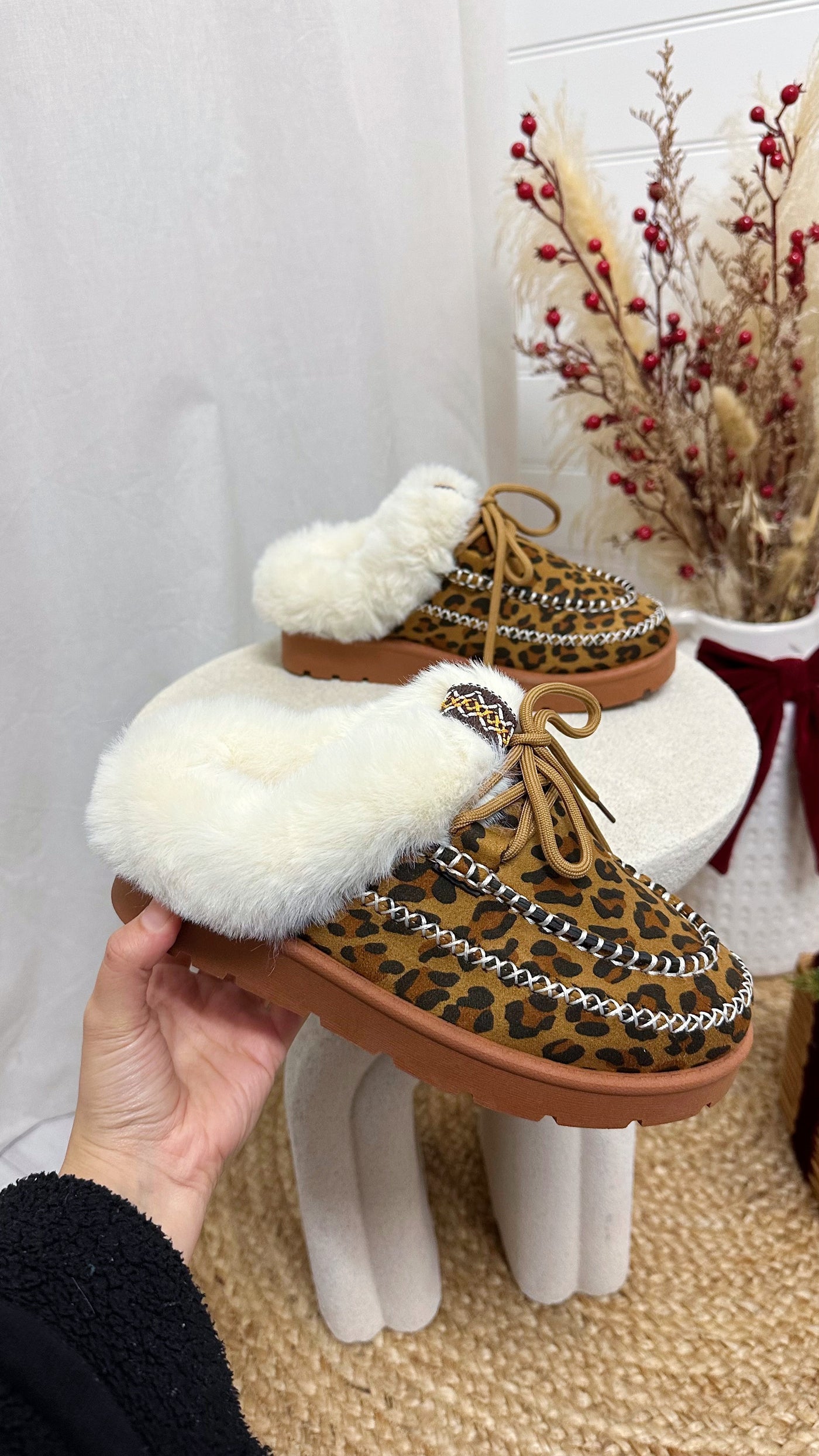 Fur Lined Embroidered Mules - LEOPARD PRINT
