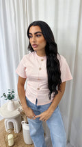 Soft Ribbed Gold Button Cinched T-Shirt - SALMON PINK