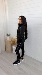 Piped Jacket and Leggings Activewear Set - BLACK