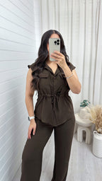 Sleeveless Cinch Shirt and Trousers Co-Ord - BROWN