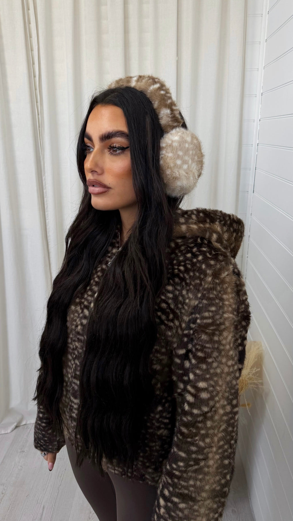Faux Fur Deer Print Ear Muffs - LIGHT BEIGE