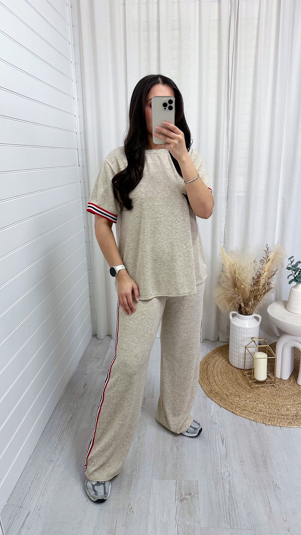 Soft Ribbed Side Strip T-Shirt and Trousers Co-Ord - SAND