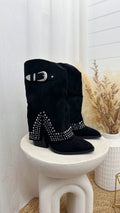 Silver Stud Fold Over Cowboy Boots - BLACK