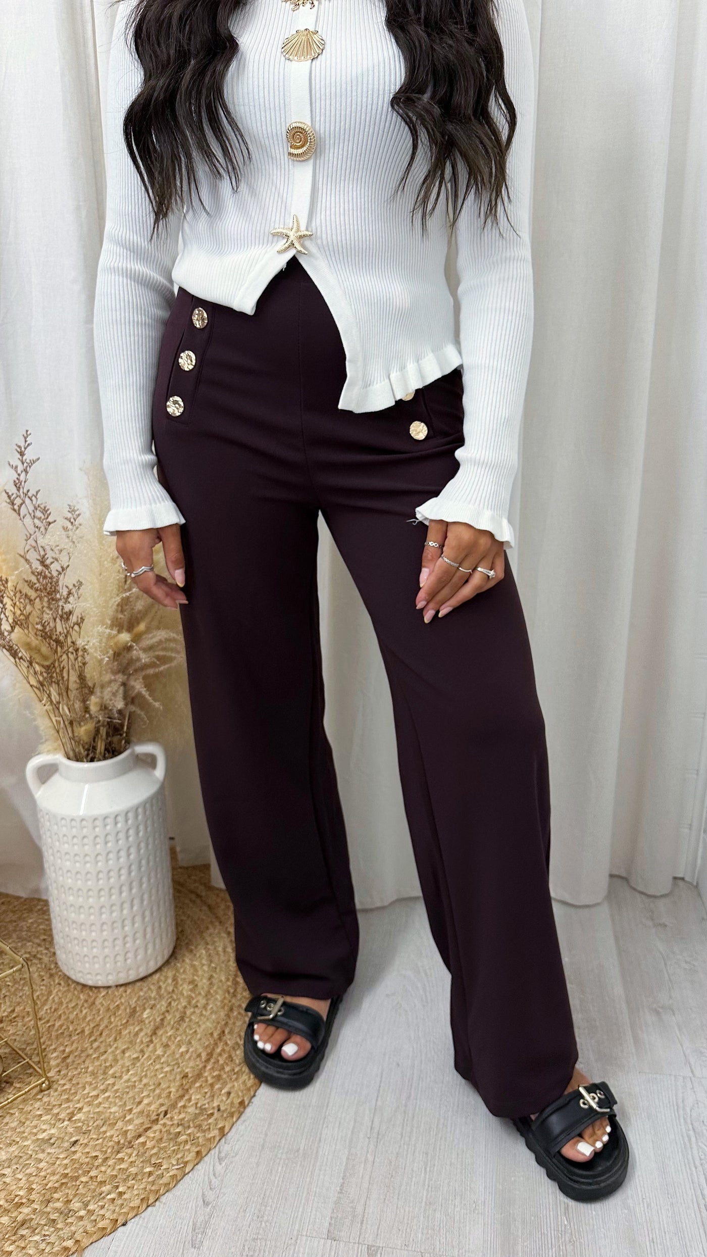 Gold Button Wide Leg Stretchy Trousers - BROWN