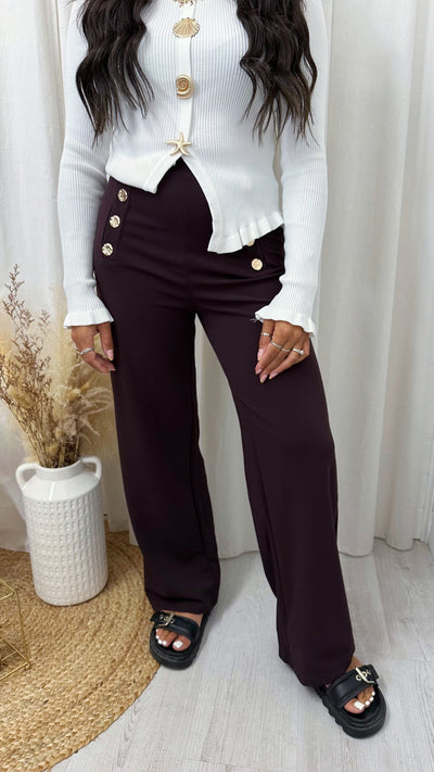 Gold Button Wide Leg Stretchy Trousers - BROWN