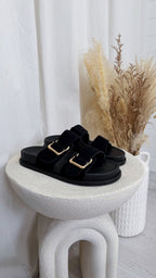 Gold Buckle Double Strap Suede Sliders - BLACK