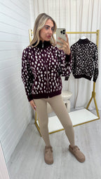 Deer Print Knitted Jacket - BURGUNDY