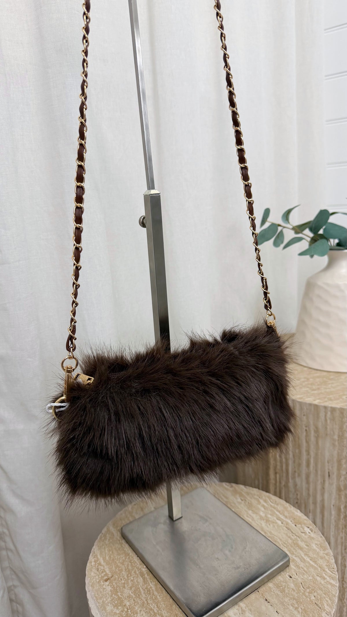 Fluffy Faux Fur Mini Cross Body Bag - BROWN