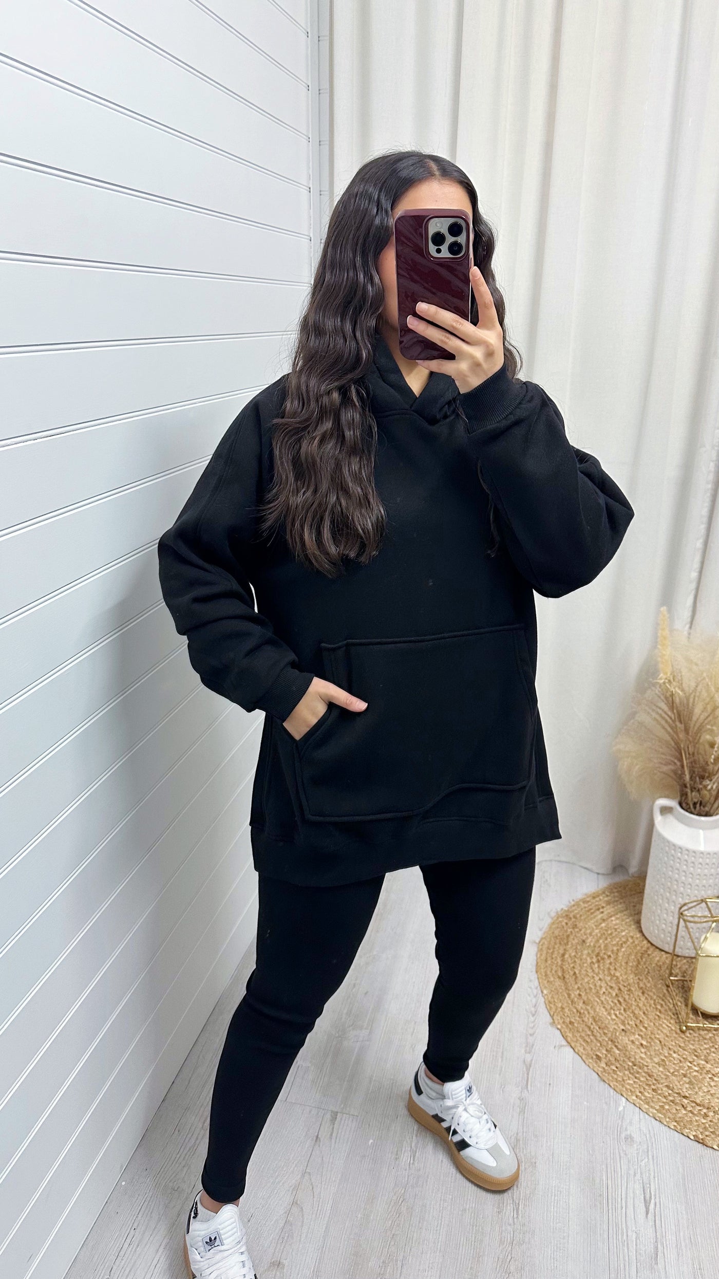 Side Slit Hoodie and Ribbed Leggings Co-Ord - BLACK