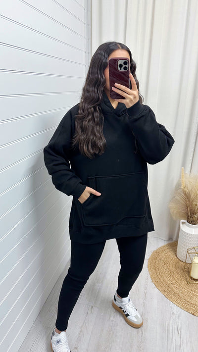 Side Slit Hoodie and Ribbed Leggings Co-Ord - BLACK