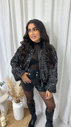 Balloon Sleeve Sequin Bomber Jacket - SILVER